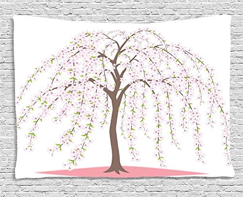 MLNHY Weeping Flower Tapestry, Traditional Japanese Sakura Tree Burst into Flowers Oriental, Wall Hanging for Bedroom Living Room Dorm, 80 W X 60 L Inches, Taupe Rose and Pale Pink