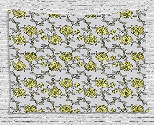MLNHY Grey and Yellow Tapestry, Pattern with Chrysanthemum Flowers Illustration in Vintage Style, Wall Hanging for Bedroom Living Room Dorm, 80 W X 60 L Inches, Grey Taupe and Yellow