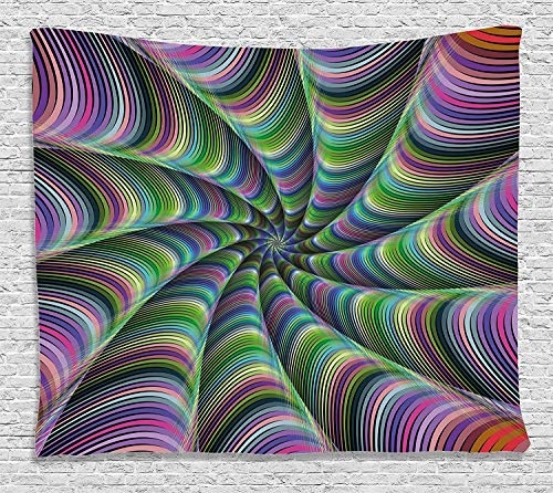 MLNHY Fractal Tapestry, Psychedelic Tentacles Converging into Flower Form Infinity Spinning Focus Design, Wall Hanging for Bedroom Living Room Dorm, 80 W X 60 L Inches, Green Purple