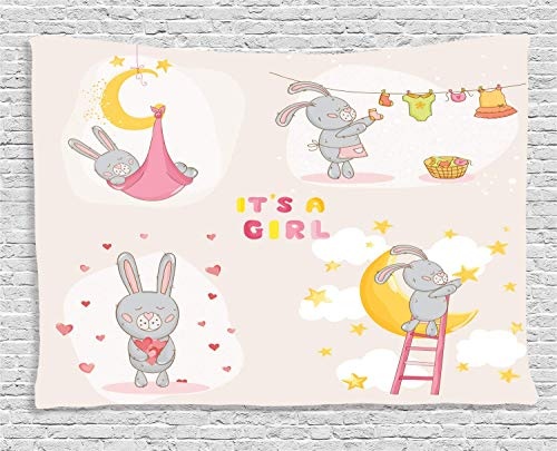 MLNHY Feminine Tapestry, Bunny Rabbit Sleeping Doing Laundry Picking Stars Love Cartoon Art Cute Design, Wall Hanging for Bedroom Living Room Dorm, 80 W X 60 L Inches, Yellow Beige