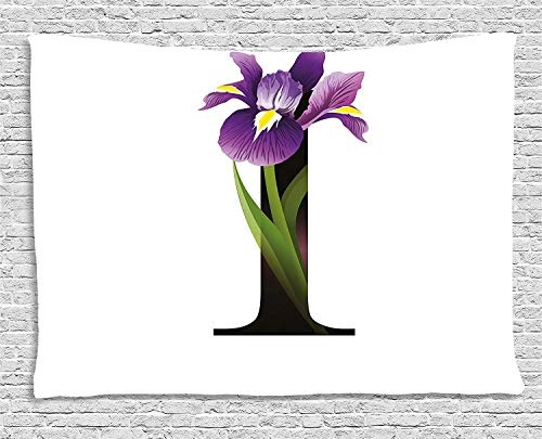 MLNHY Letter I Tapestry, ABC Concept Floral Typography with I Silhouette and Iris Flowers Spring, Wall Hanging for Bedroom Living Room Dorm, 80 W X 60 L Inches, Violet Green Black