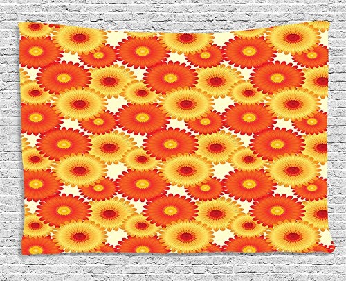 MLNHY Orange Tapestry, Gerbera Flowers Petals in Graphic Style Vibrant Summer Nature Design, Wall Hanging for Bedroom Living Room Dorm, 80 W X 60 L Inches, Orange Yellow Scarlet