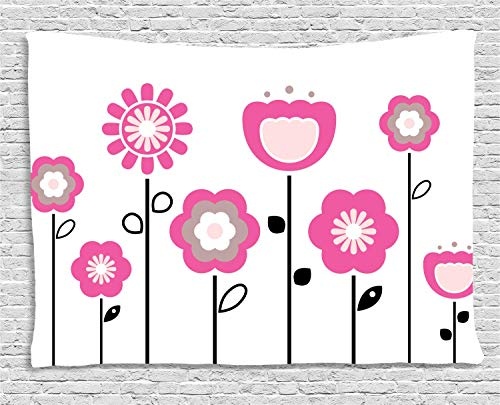 MLNHY Pink and White Tapestry, Stylized Abstract Flowers on Rural Field Theme Girly Artistic Nature, Wall Hanging for Bedroom Living Room Dorm, 80 W X 60 L Inches, Pink Tan Black