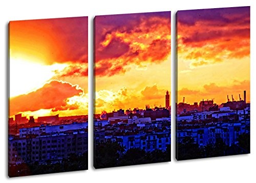deyoli Sonnenaufgang über Casablanca Format: 3-teilig 120x80 Effekt: Zeichnung als Leinwandbild, Motiv fertig gerahmt auf Echtholzrahmen, Hochwertiger Digitaldruck mit Rahmen, Kein Poster oder Plakat