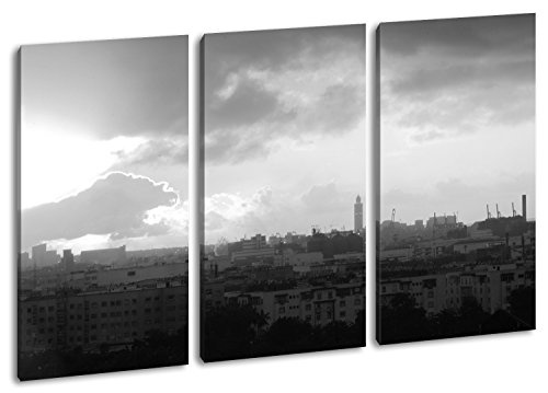 Sonnenaufgang über Casablanca Format: 3-teilig 120x80 Effekt: Schwarz/Weiß als Leinwandbild Motiv fertig gerahmt auf Echtholzrahmen, Hochwertiger Digitaldruck mit Rahmen, Kein Poster oder Plakat