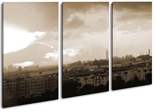 deyoli Sonnenaufgang über Casablanca Format: 3-teilig 120x80 Effekt: Sepia als Leinwandbild, Motiv fertig gerahmt auf Echtholzrahmen, Hochwertiger Digitaldruck mit Rahmen, Kein Poster oder Plakat