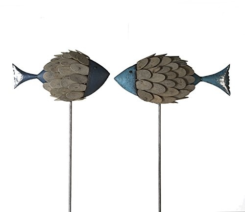 Casablanca Gartenstecker Fisch Woody Met/Holz2f H 150 2er Set B 36/42 cm hl.blau/dk.blau/antik silber