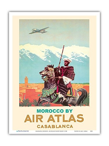 Pacifica Island Art Casablanca, Marokko - Air Atlas - Marokkanischer Reiter - Vintage Retro Fluggesellschaft Reise Plakat von Albert Brenet c.1950 - Kunstdruck - 23cm x 31cm