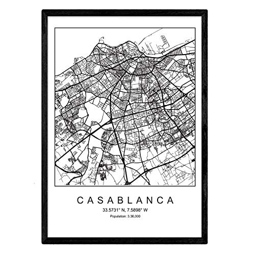 Nacnic Film Casablanca Stadtplan nordischen Stil schwarz und weiß. A3 Größe Plakatrahmen Das Bedruckte Papier Keine 250 gr. Gemälde, Drucke und Poster für Wohnzimmer und Schlafzimmer