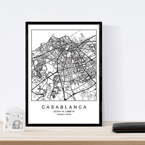 Nacnic Film Casablanca Stadtplan nordischen Stil schwarz und weiß. A3 Größe Plakatrahmen Das Bedruckte Papier Keine 250 gr. Gemälde, Drucke und Poster für Wohnzimmer und Schlafzimmer