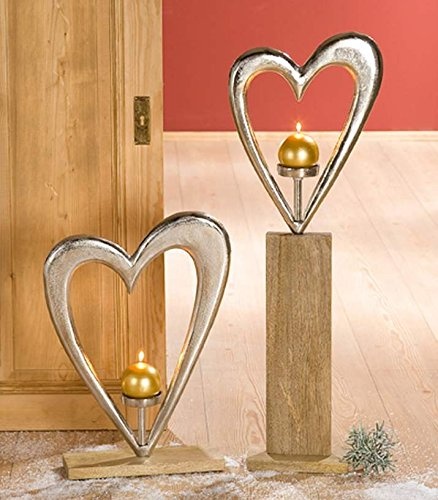 GILDE Alu Leuchter Großes Herz Silber auf Mangoholz -Sockel L = 10 x B = 38 x H = 52 cm