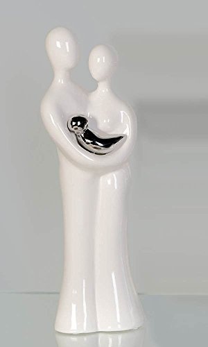 Dekorative Skulptur FAMILIE weiss-silber aus Keramik mit silbernem Baby Höhe 39,5cm
