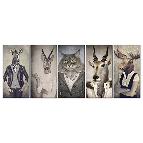 decomonkey Akustikbild Natur 200x80 cm 5 Teilig Bilder Leinwandbilder Wandbilder XXL Schallschlucker Schallschutz Akustikdämmung Wandbild Deko leise Retro Vintage Menschen Zebras Hirsche Tiere Katze