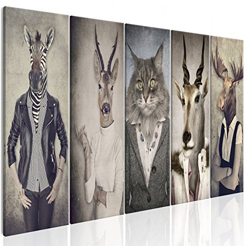 decomonkey Akustikbild Natur 200x80 cm 5 Teilig Bilder Leinwandbilder Wandbilder XXL Schallschlucker Schallschutz Akustikdämmung Wandbild Deko leise Retro Vintage Menschen Zebras Hirsche Tiere Katze