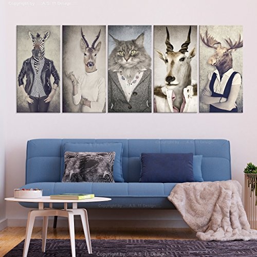 decomonkey Akustikbild Natur 200x80 cm 5 Teilig Bilder Leinwandbilder Wandbilder XXL Schallschlucker Schallschutz Akustikdämmung Wandbild Deko leise Retro Vintage Menschen Zebras Hirsche Tiere Katze