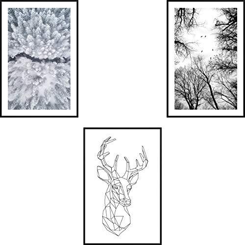 decomonkey | Poster 3er - Set schwarz-weiß Abstrakt Kunstdruck Wandbild Print Bilder Kunstposter Wandposter Posterset Wald Hirsch Baum Tiere Winter Schnee