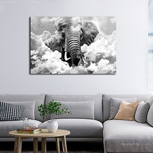 decomonkey Akustikbild Elefant Tiere Himmel Wolken 120x80 cm 1 Teilig Bilder Leinwandbilder Wandbilder XXL Schallschlucker Schallschutz Akustikdämmung Wandbild Deko leise grau
