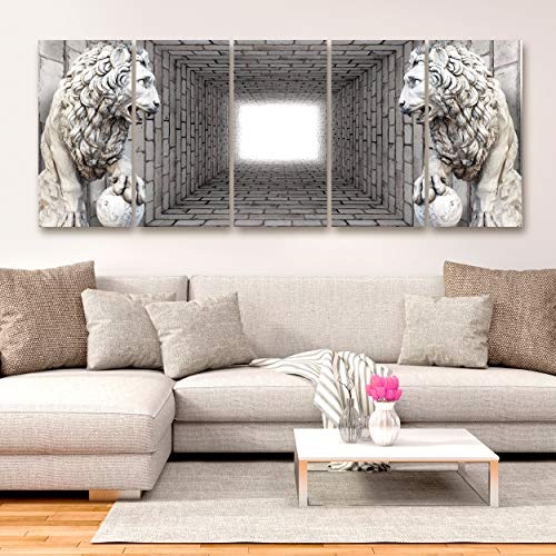 decomonkey Bilder Skulptur Löwe 200x80 cm 5 Teilig Leinwandbilder Bild auf Leinwand Vlies Wandbild Kunstdruck Wanddeko Wand Wohnzimmer Wanddekoration Deko Tunnel Ziegel grau