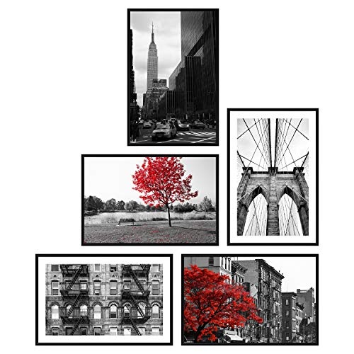 decomonkey | Poster 5er - Set schwarz-weiß Abstrakt Kunstdruck Wandbild Print Bilder Kunstposter Wandposter Posterset Stadt New York Brücke Baum Natur