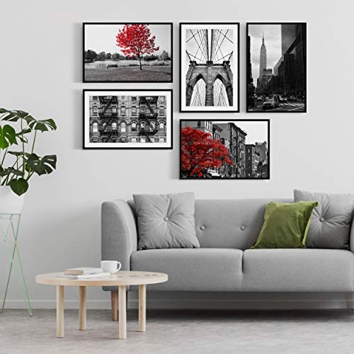 decomonkey | Poster 5er - Set schwarz-weiß Abstrakt Kunstdruck Wandbild Print Bilder Kunstposter Wandposter Posterset Stadt New York Brücke Baum Natur