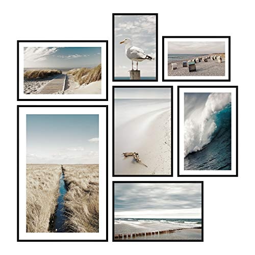 decomonkey | Poster 7er - Set mit schwarzem Rahmen schwarz-weiß Abstrakt Kunstdruck Wandbild Print Bilder Bilderrahmen Kunstposter Wandposter Posterset Strand Meer Natur Landschaft Sand Vogel Möwe