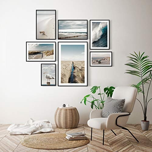 decomonkey | Poster 7er - Set mit schwarzem Rahmen schwarz-weiß Abstrakt Kunstdruck Wandbild Print Bilder Bilderrahmen Kunstposter Wandposter Posterset Strand Meer Natur Landschaft Sand Vogel Möwe