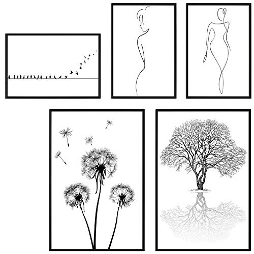 decomonkey | Poster 5er - Set schwarz-weiß Abstrakt Kunstdruck Wandbild Print Bilder Kunstposter Wandposter Posterset Baum Pusteblume Vogel Frau