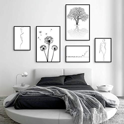 decomonkey | Poster 5er - Set schwarz-weiß Abstrakt Kunstdruck Wandbild Print Bilder Kunstposter Wandposter Posterset Baum Pusteblume Vogel Frau