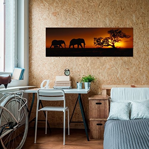 decomonkey Bilder Afrika Elefant 150x50 cm Leinwandbilder Bild auf Leinwand Wandbild Kunstdruck Wanddeko Wand Wohnzimmer Wanddekoration Deko Tiere Sonnenuntergang Baum Orange Rot Schwarz