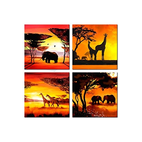decomonkey Bilder Afrika 80x80 cm 4 Teilig Leinwandbilder Bild auf Leinwand Vlies Wandbild Kunstdruck Wanddeko Wand Wohnzimmer Wanddekoration Deko Sonnenuntergang Elefant