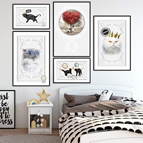decomonkey | Poster 5er - Set schwarz-weiß Abstrakt Kunstdruck Wandbild Print Bilder Kunstposter Wandposter Posterset Tiere Katze Kinder Baum Ornament Weiß