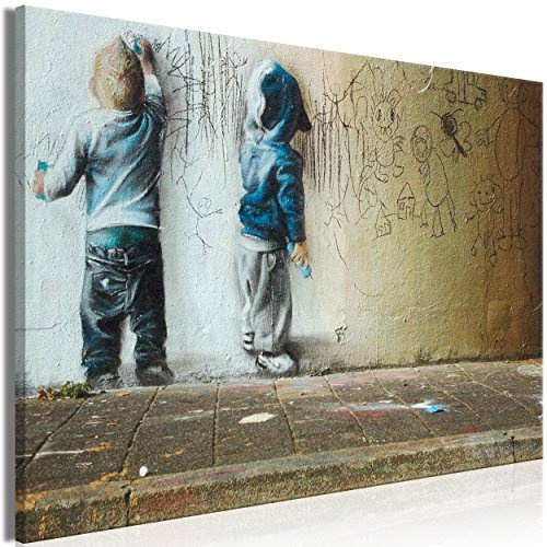 decomonkey Akustikbild Banksy Graffiti 90x60 cm 1 Teilig Leinwand Wandbilder XXL Schallschlucker Schallschutz Akustikdämmung Wand Bild leise Street Art