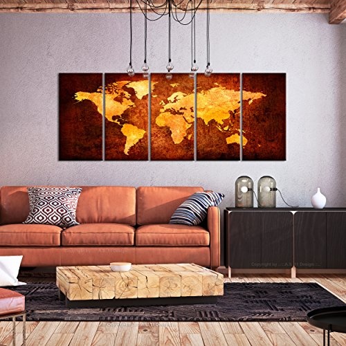 decomonkey Bilder Weltkarte 200x80 cm 5 Teilig Leinwandbilder Bild auf Leinwand Vlies Wandbild Kunstdruck Wanddeko Wand Wohnzimmer Wanddekoration Deko WanddekoWelt Karte Kontinente Landkarte