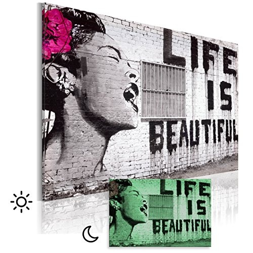 decomonkey Leinwand Bilder Banksy nachtleuchtend 60x40 cm Wandbilder Tag & Nacht Design Bilder mit 3D nachleuchtenden Farben Vlies Leinwand/Graffiti Streetart Pop Art