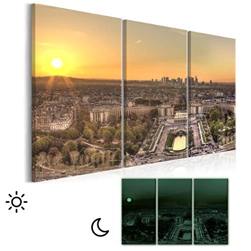 decomonkey Leinwand Bilder nachtleuchtend 135x90 cm 3 Teilig Wandbilder Tag & Nacht Design Bilder mit 3D nachleuchtenden Farben Vlies Leinwand Paris Stadt Sonnenuntergang
