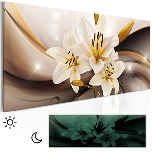 decomonkey Leinwand Bilder nachtleuchtend Blumen Lilien 120x40 cm Wandbilder Tag & Nacht Design Bilder mit 3D nachleuchtenden Farben Vlies Leinwand Abstrak
