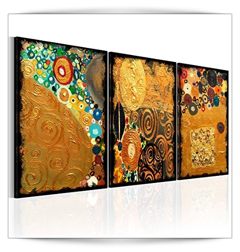 decomonkey Bilder Abstrakt 120x60 cm 3 Teilig Leinwandbilder Bild auf Leinwand Wandbild Kunstdruck Wanddeko Wand Wohnzimmer Wanddekoration Deko Klimt bunt Mosaik