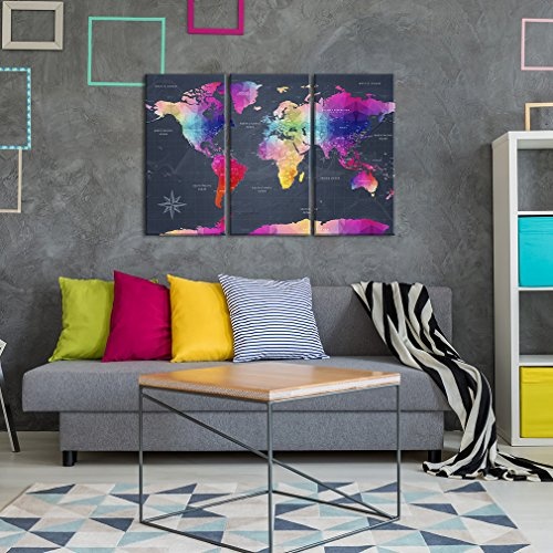 decomonkey Bilder Weltkarte 60x40 cm 3 Teilig Leinwandbilder Bild auf Leinwand Vlies Wandbild Kunstdruck Wanddeko Wand Wohnzimmer Wanddekoration Deko bunt Welt Karte Landkarte Kontinente