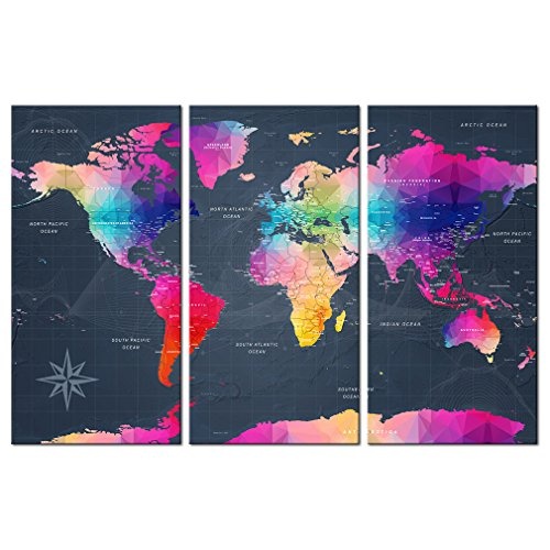 decomonkey Bilder Weltkarte 60x40 cm 3 Teilig Leinwandbilder Bild auf Leinwand Vlies Wandbild Kunstdruck Wanddeko Wand Wohnzimmer Wanddekoration Deko bunt Welt Karte Landkarte Kontinente