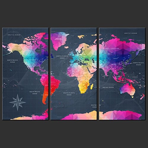 decomonkey Bilder Weltkarte 60x40 cm 3 Teilig Leinwandbilder Bild auf Leinwand Vlies Wandbild Kunstdruck Wanddeko Wand Wohnzimmer Wanddekoration Deko bunt Welt Karte Landkarte Kontinente