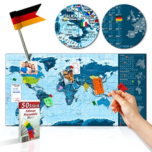 decomonkey Rubbelweltkarte Pinnwand DEUTSCH 90x45cm Weltkarte zum Rubbeln mit Fahnen/NationalfLaggen Rubbelkarte Full HD Scratch Off World Travel Map Landkarte inkl. 50 Markierfähnchen Pinnadeln