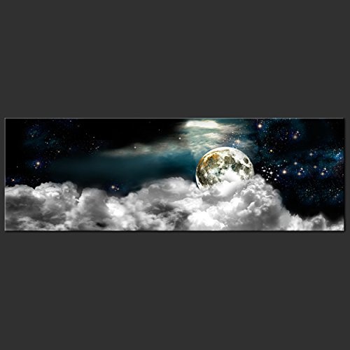 decomonkey Leinwand Bilder nachtleuchtend 135x45 cm 1 Teilig Wandbilder Tag & Nacht Design Bilder mit 3D nachleuchtenden Farben Vlies Leinwand Mond Himmel Sterne Nacht Wolken DKC0218alla1PXL