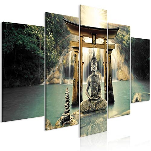 decomonkey Bilder Buddha 225x112.5 cm 5 Teilig Leinwandbilder Bild auf Leinwand Vlies Wandbild Kunstdruck Wanddeko Wand Wohnzimmer Wanddekoration Deko Zen Orient Wasserfall