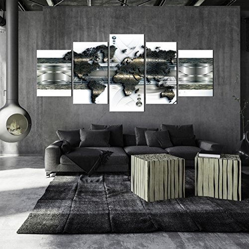 decomonkey Bilder Weltkarte 225x100 cm XXL 5 Teilig Leinwandbilder Bild auf Leinwand Vlies Wandbild Kunstdruck Wanddeko Wand Wohnzimmer Wanddekoration Deko Kontinente Welt weiß