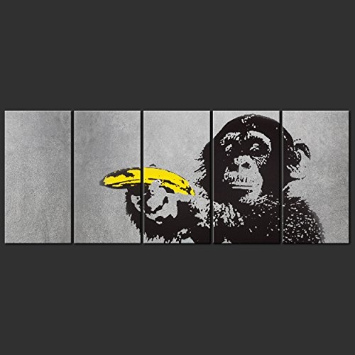 decomonkey Akustikbild Banksy AFFE 200x80 cm XXL 5 Teilig Leinwand Wandbilder XXL Schallschlucker Schallschutz Akustikdämmung Wand Bild leise Street Art