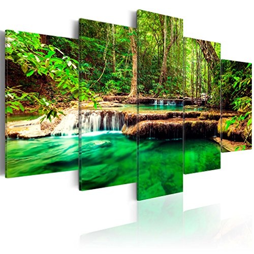 decomonkey Bilder Wald Wasserfall 200x100 cm XXL 5 Teilig...
