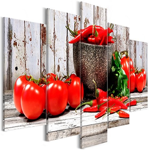 decomonkey Bilder Küche Gemüse 100x50 cm 5 Teilig Leinwandbilder Bild auf Leinwand Vlies Wandbild Kunstdruck Wanddeko Wand Wohnzimmer Wanddekoration Deko Paprika Tomate rot Holz Brett grau