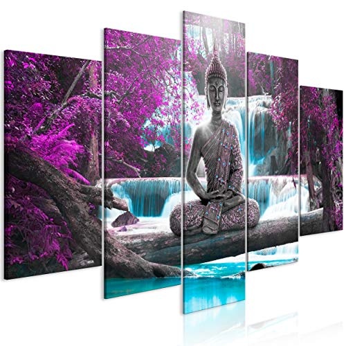 decomonkey Bilder Buddha 200x100 cm 5 Teilig Leinwandbilder Bild auf Leinwand Vlies Wandbild Kunstdruck Wanddeko Wand Wohnzimmer Wanddekoration Deko Zen Orient Landschaft