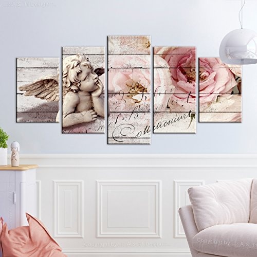 decomonkey Akustikbild Holz Blumen 100x50 cm 5 Teilig Bilder Leinwandbilder Wandbilder XXL Schallschlucker Schallschutz Akustikdämmung Wandbild Deko leise Engel Aufschrift Rose Rosa Beige Brett