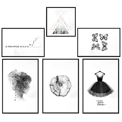 decomonkey | Poster 6er - Set schwarz-weiß Abstrakt Kunstdruck Wandbild Print Bilder Kunstposter Wandposter Posterset Muster Vogel Tiere Geometrische Natur Kleid